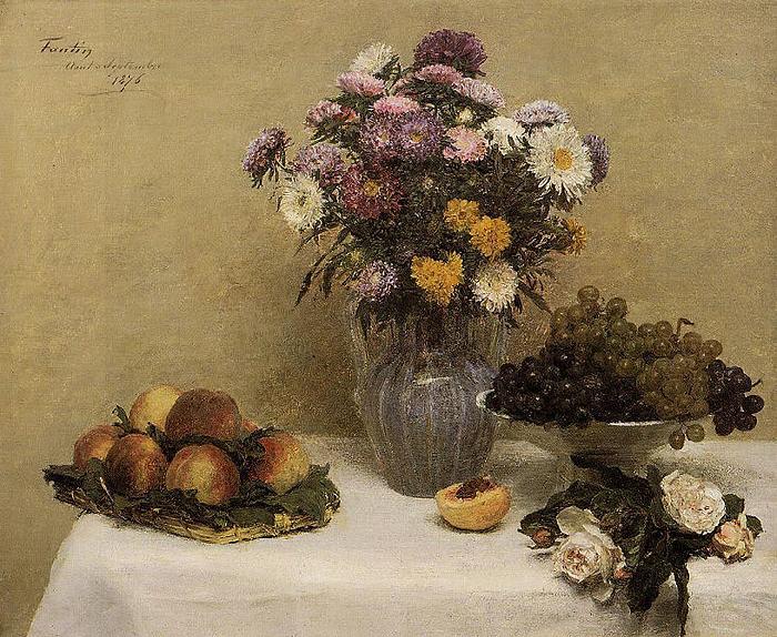  White Roses, Chrysanthemums in a Vase, Peaches and Grapes on a Table with a White Tablecloth